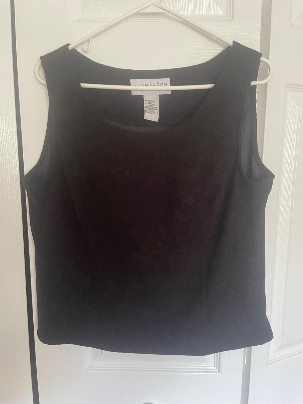 Black suede sleeveless top, faux suede texture w/ stretch.